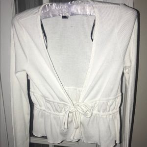 White cinched tie up long sleeve blouse